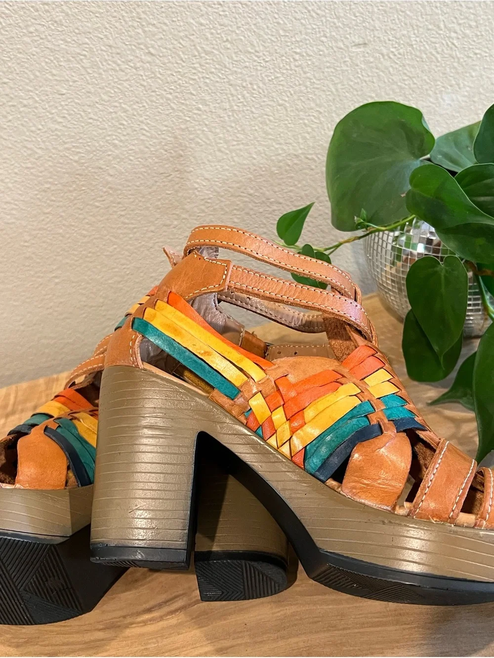 Tan Leather Platform Sandals with Multicolor Woven Accents